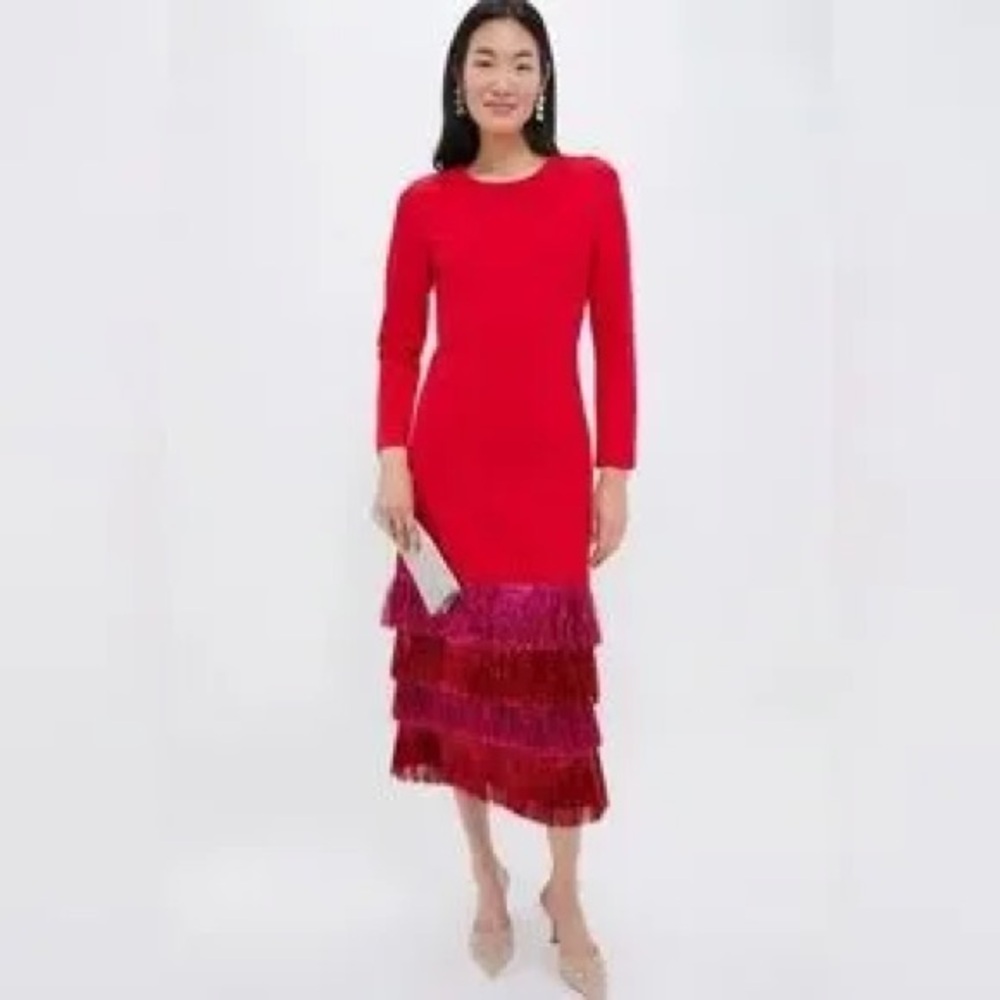 Tuckernuck Hyacinth House Elegant Red and Pink Metallic Fringe Tiered Dress